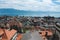 Amazing top view of the city Lausanne and the lake and hills made from the top of the cathedral, Switzerland