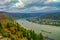 Amazing top view to Rhine Valley and Spay town from Marksburg Castle at autumn evening, Germany