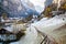 amazing touristic alpine village in winter with famous church and Staubbach waterfall  Lauterbrunnen  Switzerland  Europe