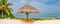 Amazing tropical beach banner. White sand and coco palms and beach chairs as wide panorama background concept. Amazing beach