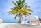 Amazing tropical beach scene with white canopy and curtain for luxury summer relaxation concept. summer vacation or holiday design