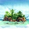 Amazing tropical island with palm trees, rocks from the sea, Maldivian atoll in ocean, panorama, watercolor illustration