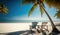 Amazing tropical landscape- Summer scene with lounge chairs and palm trees on white sandy beach background with sea view,