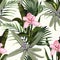 Amazing tropical orchid flowers pattern. Seamless design with botanical elements, palm leaves.