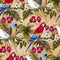 Amazing tropical pattern seamless with parrots Macaw and exotic flowers Hibiscus. Realistic illustration of tropic plants, tropica
