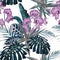 Amazing tropical pink orchid flowers pattern. Seamless design with botanical elements, palm monstera leaves.