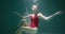 Amazing underwater portrait of happy fun smiling young woman in red swimming suit opening hands with gifts slow motion.