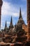 Amazing view of asian religious architecture ancient Pagodas in Wat Phra Sri Sanphet Historical Park, Ayutthaya province, Thailand