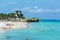 Amazing view of busy gorgeous Cuban beach with many people swimming in the ocean