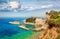 Amazing view of Cape Drastis thematic park. Fantastic morning seascape of Ionian sea. Attractive outdoor scene of Corfu island, Gr