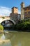 Amazing view of Castello Caetani, Tiber River and Pons Fabricius in city of Rome, Italy