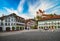 Amazing view of City Hall square and castle of Thun, Switzerland under picturesque sky