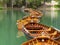 Amazing view of the famous Braies Lake in Italy. Typical rowing boats made of wood. Alpine lake. Iconic location for photographers