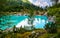 Amazing view of famous lake Sorapis with turquoise water. Best popular location for photography and hiking in Dolomites Alps.