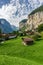 Amazing view of famous Lauterbrunnen town with beautiful Staubbach waterfalls, Switzerland