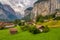 Amazing view of famous Lauterbrunnen town in Swiss Alps valley with beautiful Staubbach waterfalls, Switzerland
