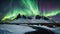 Amazing view of green aurora borealis shining in night sky over snowy mountain ridge