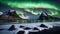 Amazing view of green aurora borealis shining in night sky over snowy mountain ridge