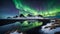 Amazing view of green aurora borealis shining in night sky over snowy mountain ridge