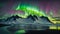 Amazing view of green aurora borealis shining in night sky over snowy mountain ridge