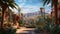 Amazing view inside a lush garden with palms and cactus of a Mexican style house and dry mountains with a blue sky - AI Generated