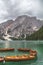 Amazing view of Lake Braies Italian: Lago di Braies, German: Pragser Wildsee in the Dolomites Mountains