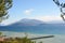 Amazing view of Lake Garda from the hills of the park Parco Pubblico Tomelleri in Sirmione town, Italy