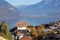 Amazing view of Lake Thun and typical Switzerland village near town of Interlaken