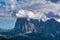 Amazing view of Langkofel mountain Sassolungo with dramatic sky. Wonderful landscape of the Dolomites Alps. South Tyrol,