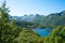 Amazing view at Lofoten islands, Austnesfjorden, Norway. Fjord summer landscape travelers rest area