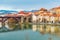 Amazing view of Maribor Old city, medieval water tower on the Drava river at morning, Slovenia