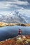 Amazing view on Monte Bianco mountains range with tourist on a foreground