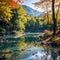 an amazing view of the Panda Lake among the colorful fall forest at the Rize Val...