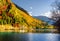 Amazing view of the Panda Lake among colorful fall woods