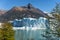 Amazing view of Perito Moreno glacier, blue ice burg glacier from peak of the mountain through the aqua blue lake in Los Glaciares