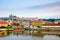 Amazing view of Prague Castle and historical old town taken with Vltava river. Sunrise light. Capital of Czech Republic. Beautiful