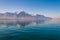 Amazing view of reflecting lake on Swiss alps background