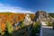 Amazing view of Tustan cliffside fortress in Carpathian Mountains, Ukraine at sunny autumn day