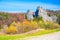 Amazing view of Tustan fortress in Carpathian Mountains, Ukraine at sunny autumn day