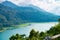 Amazing View of Twin Lakes surrounded by hills, mountains, tropical rain-forest and white clouds  in Bali, Indonesia