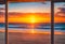 Amazing view of the white sand beach sunset sunrise from a window. Generative AI