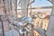 Amazing viewpoint with binoculars in Milan Cathedral roof Panorama Milan. sunny day, Italy. Cathedral or Duomo di Milano