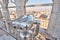 Amazing viewpoint with binoculars in Milan Cathedral roof Panorama Milan. sunny day, Italy. Cathedral or Duomo di Milano
