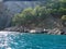Amazing views from a pleasure yacht on the rocky coast of the Lycian Trail washed by the azure sea.