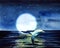 Amazing watercolor landscape of night starry sky with huge full moon above deep calm sea and graceful dolphin jumping out of dark