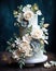 amazing white and blue wedding cake, creamy colors background, blurred backgroud