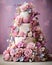 amazing white and pink wedding cake, creamy colors background, blurred backgroud