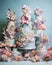 amazing white and pink wedding cake, creamy colors background, blurred backgroud