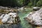 Amazing wild water in mala korita Soce valley, small pure clear turquoise flowing stream through stone gorge