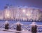 Amazing winter night cityscape with snowy trees and river. Artistic picture. Beauty world.